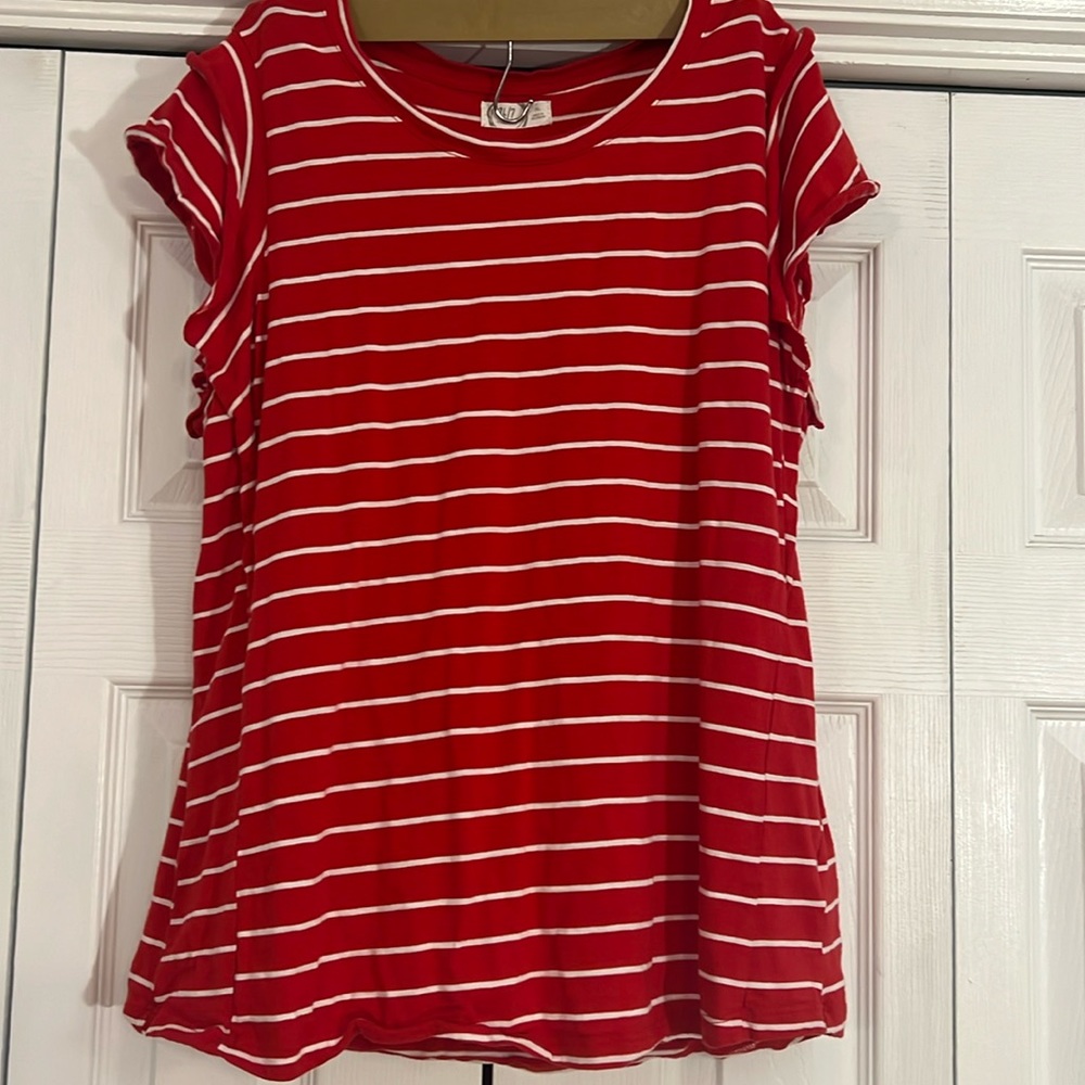 Maurice’s cute striped red shirt with shoulder detail